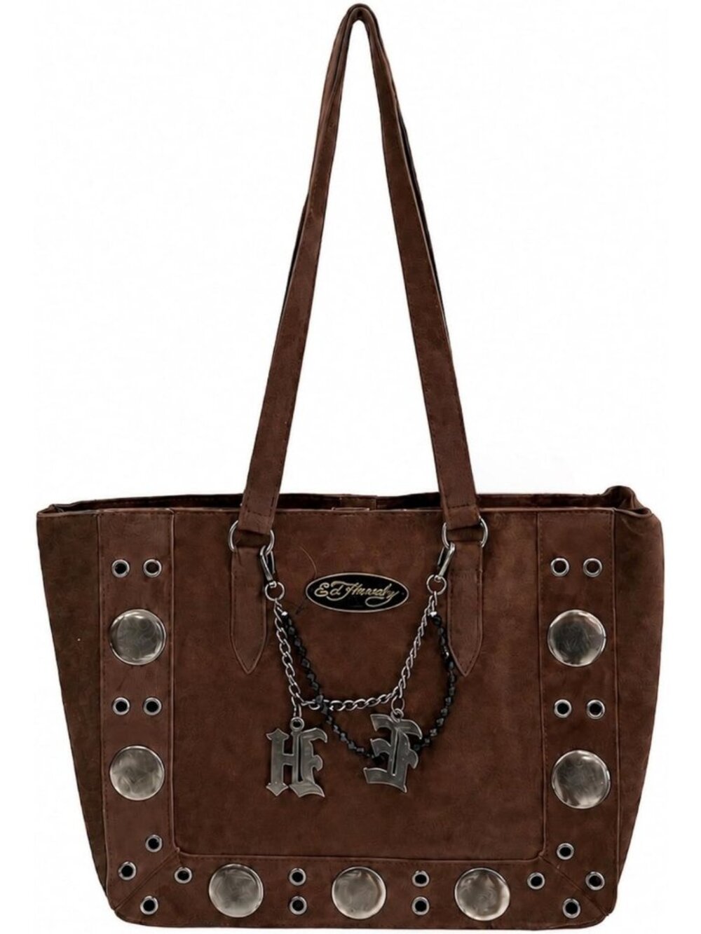 Gothic Studded Tote Shoulder Bag with Chain Charm - Large Carryall Handbag